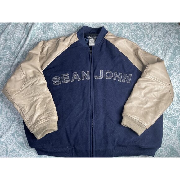 Sean John Varsity Jacket Navy Blue Leather Sleeve Mens 2XL Bomber‎ Style